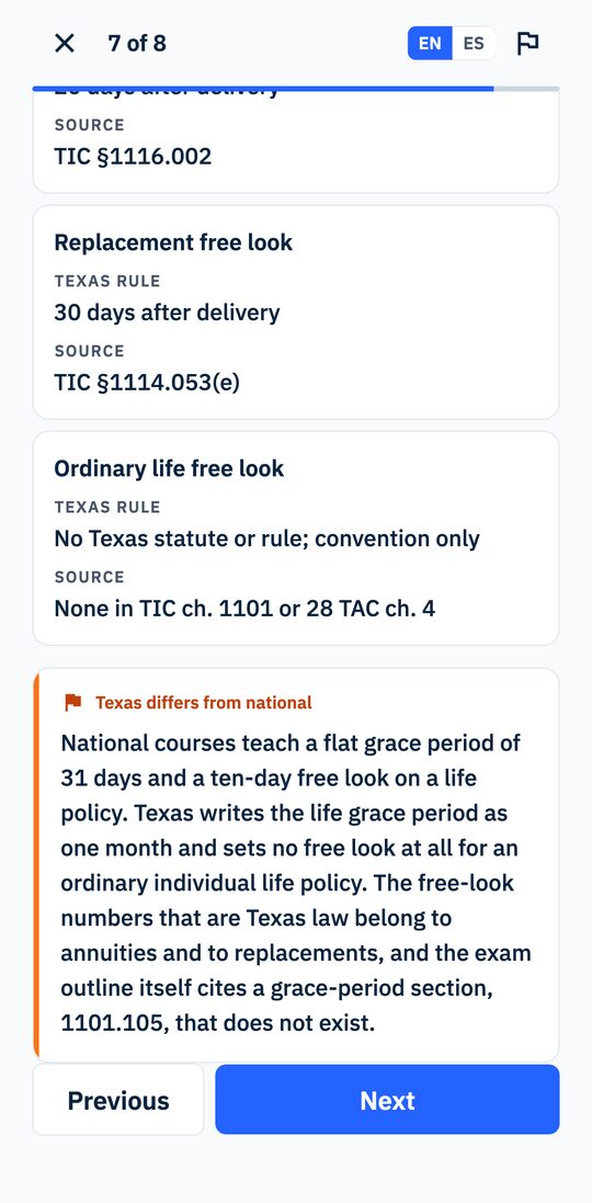 A lesson on Texas life-policy rules, at its “Texas differs from national” note.